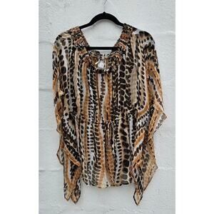 Vintage Y2K Da Nang Top Womens Small Brown Silk Sheer Animal Print Boho Tunic